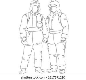 One continuous drawing line logo firefighter fireman rescuer in uniform and helmet at work .Single hand drawn art line doodle outline isolated minimal illustration cartoon character flat