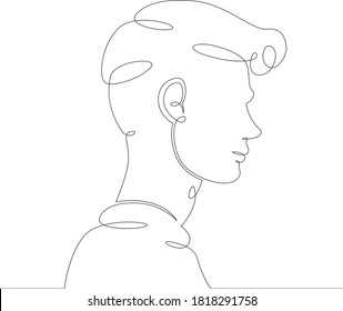 One continuous drawing line logo young man portrait profile head bust side view .Single hand drawn art line doodle outline isolated minimal illustration cartoon character flat