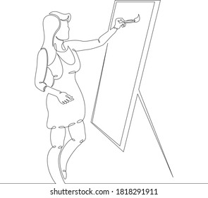 One continuous drawing line logo young woman girl artist paints with a brush on canvas .Single hand drawn art line doodle outline isolated minimal illustration cartoon character flat