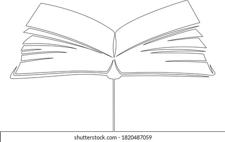 Un logotipo de línea de dibujo continua abre un libro viejo grande y grueso. Esquema de doodle de línea de dibujo a mano aislado ilustración mínima caricatura de carácter plano