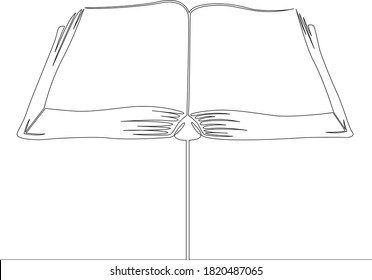 Un logotipo de línea de dibujo continua abre un libro viejo grande y grueso. Esquema de doodle de línea de dibujo a mano aislado ilustración mínima caricatura de carácter plano