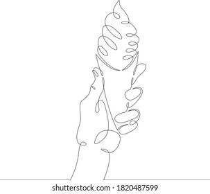 One continuous drawing line logo hand holds ice cream in a waffle cone .Single hand drawn art line doodle outline isolated minimal illustration cartoon character flat