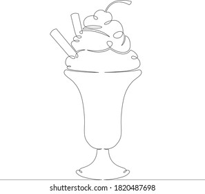 One continuous drawing line logo ice cream with fruit and cookies filling in a glass goblet .Single hand drawn art line doodle outline isolated minimal illustration cartoon character flat