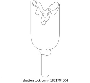 One continuous drawing line logo popsicle ice cream on a stick bitten off, flowing chocolate .Single hand drawn art line doodle outline isolated minimal illustration cartoon character flat