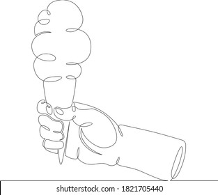 One continuous drawing line logo hand holds ice cream in a waffle cone .Single hand drawn art line doodle outline isolated minimal illustration cartoon character flat