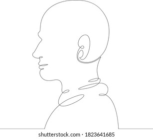One continuous drawing line logo young man portrait profile head bust side view .Single hand drawn art line doodle outline isolated minimal illustration cartoon character flat