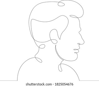 One continuous drawing line logo young man portrait profile head bust side view .Single hand drawn art line doodle outline isolated minimal illustration cartoon character flat