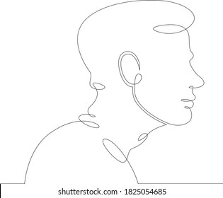 One continuous drawing line logo young man portrait profile head bust side view .Single hand drawn art line doodle outline isolated minimal illustration cartoon character flat