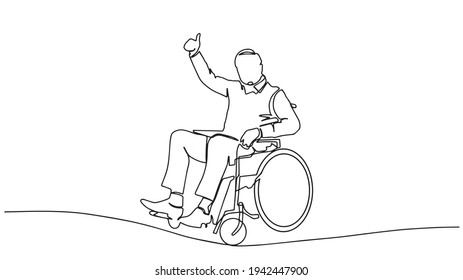 One continuous drawing line logo of a disabled man in a wheelchair. Single hand drawn art line doodle outline isolated. Minimal illustration cartoon character. Happy old man in wheelchair Thumb up.