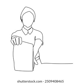 One continuous drawing line logo single hand drawn art doodle isolated minimal Drinks and meals.   Carbonated drinks and sandwiches. Seller cashier of a restaurant in a street fast food cafe at work. 