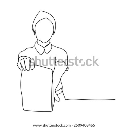 One continuous drawing line logo single hand drawn art doodle isolated minimal Drinks and meals.   Carbonated drinks and sandwiches. Seller cashier of a restaurant in a street fast food cafe at work. 