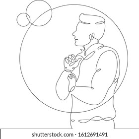 One continuous drawing line male astrophysicist astronomer scientist talks about planets and space planet and its satellites.Single hand drawn art line doodle  outline isolated.