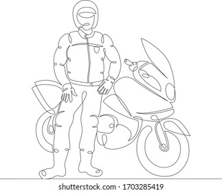 One continuous drawing line A male police motorcyclist in a helmet stands near a motorcycle.Moto police.Single hand drawn art line doodle outline isolated minimal illustration cartoon character flat