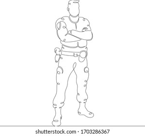 One continuous drawing line Male police officer in uniform and body armor.Single hand drawn art line doodle outline isolated minimal illustration cartoon character flat