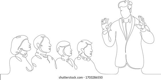 One continuous drawing line male character speaks to the audience. Presentation, event, acting on stage.Single hand drawn art line doodle outline isolated minimal illustration cartoon character flat