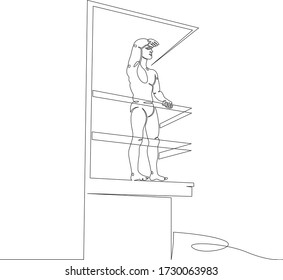 One continuous drawing line male lifeguard watches on a beach tower.Single hand drawn art line doodle outline isolated minimal illustration cartoon character flat