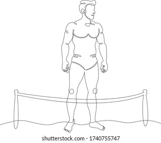 One continuous drawing line man tans, relaxing on the beach during a coronavirus pandemic, fenced beach.Single hand drawn art line doodle outline isolated minimal illustration cartoon character flat