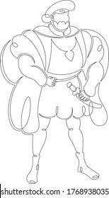 Una línea de dibujo continua monarca europea histórica medieval rey .Línea de arte dibujada a mano esquema de doodle ilustración mínima aislada personaje de caricatura plano