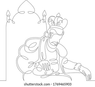 One continuous drawing line medieval historical european monarch king  in a crown sits on a throne .Single hand drawn art line doodle outline isolated minimal illustration cartoon character flat