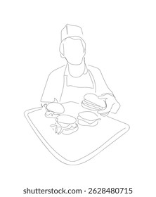 One continuous drawing line minimal Drinks and meals. Seller cashier of a restaurant in a street fast food cafe at work.   Carbonated drinks and sandwiches. Hand made vector not Al.