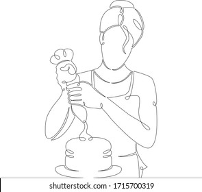 Un cocinero de pastelería de línea de dibujo continua cocina pastel en la cocina.Dibujo de una sola línea de arte de línea de doodle aislado ilustración mínima caricatura personaje plano