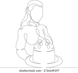 One continuous drawing line pastry chef cooks cake in the kitchen.Single hand drawn art line doodle outline isolated minimal illustration cartoon character flat