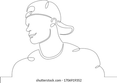 One Continuous Drawing Line Portrait Of A Young Man In A Hat, Cap, Baseball Cap. .Single Hand Drawn Art Line Doodle Outline Isolated Minimal  Illustration Cartoon Character Flat