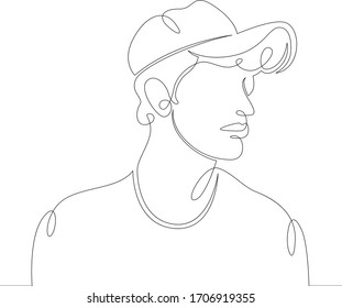 One continuous drawing line portrait of a young man in a hat, cap, baseball cap. .Single hand drawn art line doodle outline isolated minimal  illustration cartoon character flat