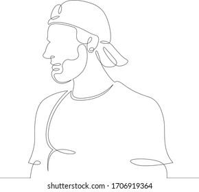Un retrato de línea de dibujo continuo de un joven con sombrero, gorra, gorra de béisbol. .Línea de arte dibujada con una sola mano esbozar el dibujo aislado de ilustración mínima caricatura plano