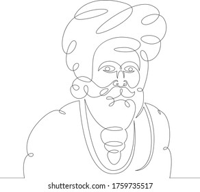 One continuous drawing line portrait of indian bearded brahman .Single hand drawn art line doodle outline isolated minimal illustration cartoon character flat