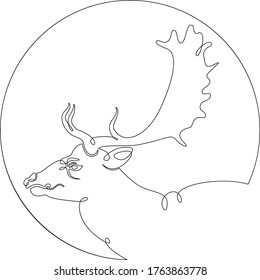 Una línea de dibujo continua cabeza de retrato ciervo salvaje, alce, ciervo de huevo .Logo redondo.Esquema de doodle de línea de arte dibujado a mano aislado ilustración mínima personaje de caricatura plano