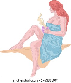 One continuous drawing line portrait of a beautiful a girl in a sheet at the window sits, a woman drinks morning hot coffee .Single hand drawn art line doodle. 