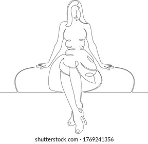 Un retrato continuo de una hermosa mujer vestida con un vestido sentado en un sofá patético o un banco. Esquema del doodle dibujado a mano de una sola línea.  Personaje de dibujos animados de ilustración mínima aislada.