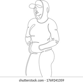 One continuous drawing line portrait of a beautiful girl woman in a baseball cap and hoodie. Single line hand drawn art doodle outline isolated. Flat  minimal illustration cartoon character