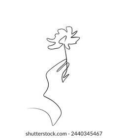 One continuous drawing line. Printed decorative poster with the general concept of a peony flower in hand. For wall home decor.