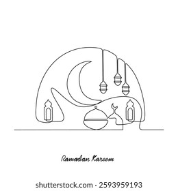 One continuous drawing line of Ramadan Kareem vector illustration. Ramadan Kareem themes in simple sketch concept design vector. Design with Mosque, building, lantern, moon, star, camel ornament.