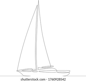 Vista lateral de una línea de dibujo continua de un barco de vela. Esquema de doodle de una línea de arte dibujada a mano aislado ilustración mínima personaje de dibujos animados plano