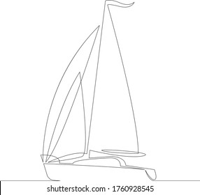 One continuous drawing line side view of a sailing yacht boat ship sailboat  .Single hand drawn art line doodle outline isolated minimal illustration cartoon character flat