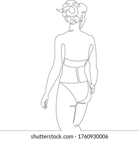 One continuous drawing line slim girl in a swimsuit, view from the back  .Single hand drawn art line doodle outline isolated minimal illustration cartoon character flat