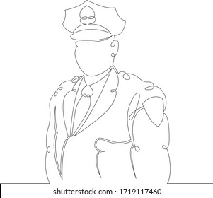 One continuous drawing line Uniformed police officer. Male policeman in a cap. .Single hand drawn art line doodle outline isolated minimal  illustration cartoon character flat