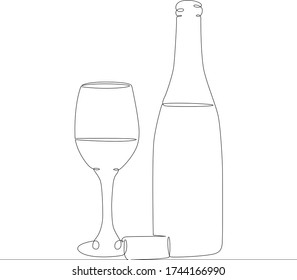 One continuous drawing line Wine bottle with a glass .Single hand drawn art line doodle outline isolated minimal illustration cartoon character flat