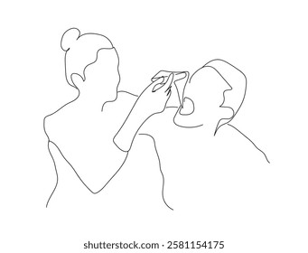 One continuous drawing line of woman and man eating pizza.  Portrait of a pair of lovers in the meal time. Valentine's day concept. Hand made vector not AI.