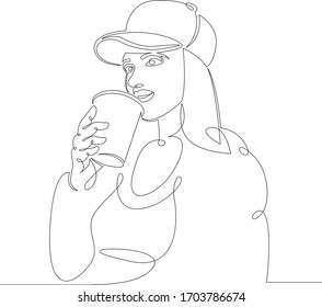 Una línea de dibujo continua Las niñas beben café caliente, se quitan la bebida caliente.Línea de arte dibujada a mano línea de doodle contorno aislado ilustración mínima caricatura carácter plano