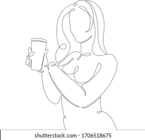 One continuous drawing line Young girl drinks hot coffee, take away hot drink.Single hand drawn art line doodle outline isolated minimal illustration cartoon character flat