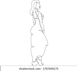 Una joven de línea de dibujo continua con el lujoso cabello vestido con un largo vestido.Dibujo de una sola línea de arte dibujado a mano dibujando el doodle aislado ilustración mínima caricatura plana