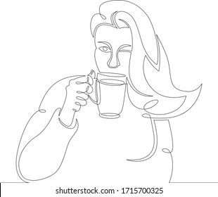 One continuous drawing line Young girl drinks coffee tea hot drink in cafe.Single hand drawn art line doodle outline isolated minimal illustration cartoon character flat