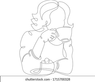 One continuous drawing line Young girl drinks coffee tea hot drink in cafe.Single hand drawn art line doodle outline isolated minimal illustration cartoon character flat