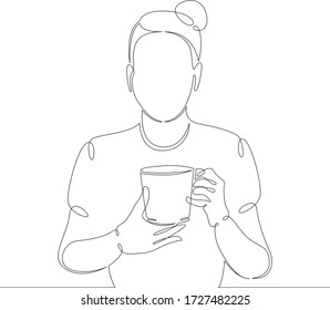 One continuous drawing line Young girl drinks hot coffee, take away hot drink.Single hand drawn art line doodle outline isolated minimal illustration cartoon character flat