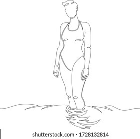 One continuous drawing line young beautiful girl in a swimsuit on the beach in the pool .Single hand drawn art line doodle outline isolated minimal illustration cartoon character flat