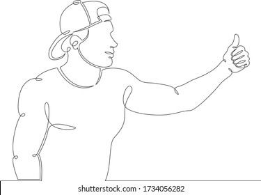 One continuous drawing line young man in a baseball cap shows thumb up .Single hand drawn art line doodle outline isolated minimal illustration cartoon character flat